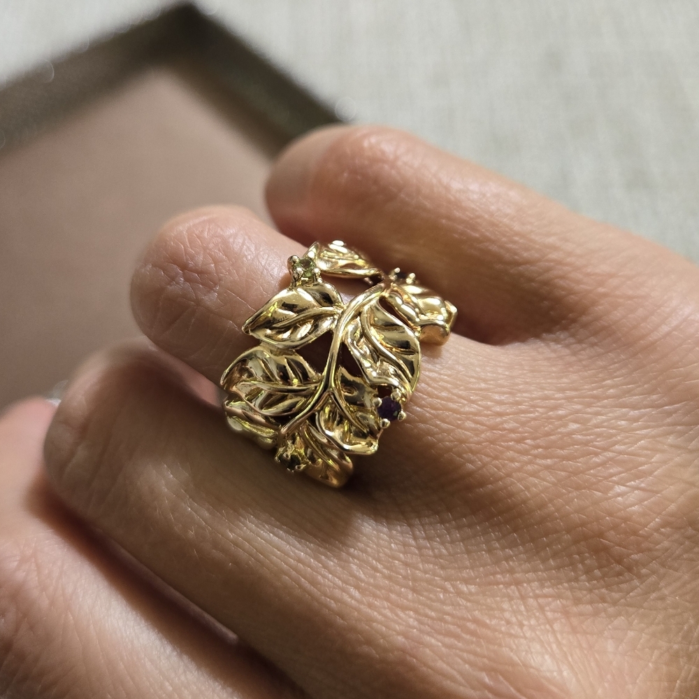 Gold Plated Vine Leaf Gemstone Ring - Picture 1 of 12